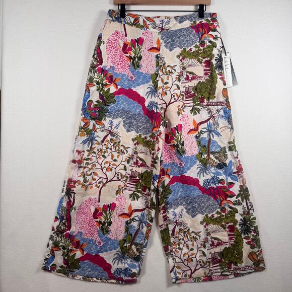NWT Nicole Miller Wide Leg Pants Size XL 100% Linen European Flax Floral Coastal - Picture 1 of 9